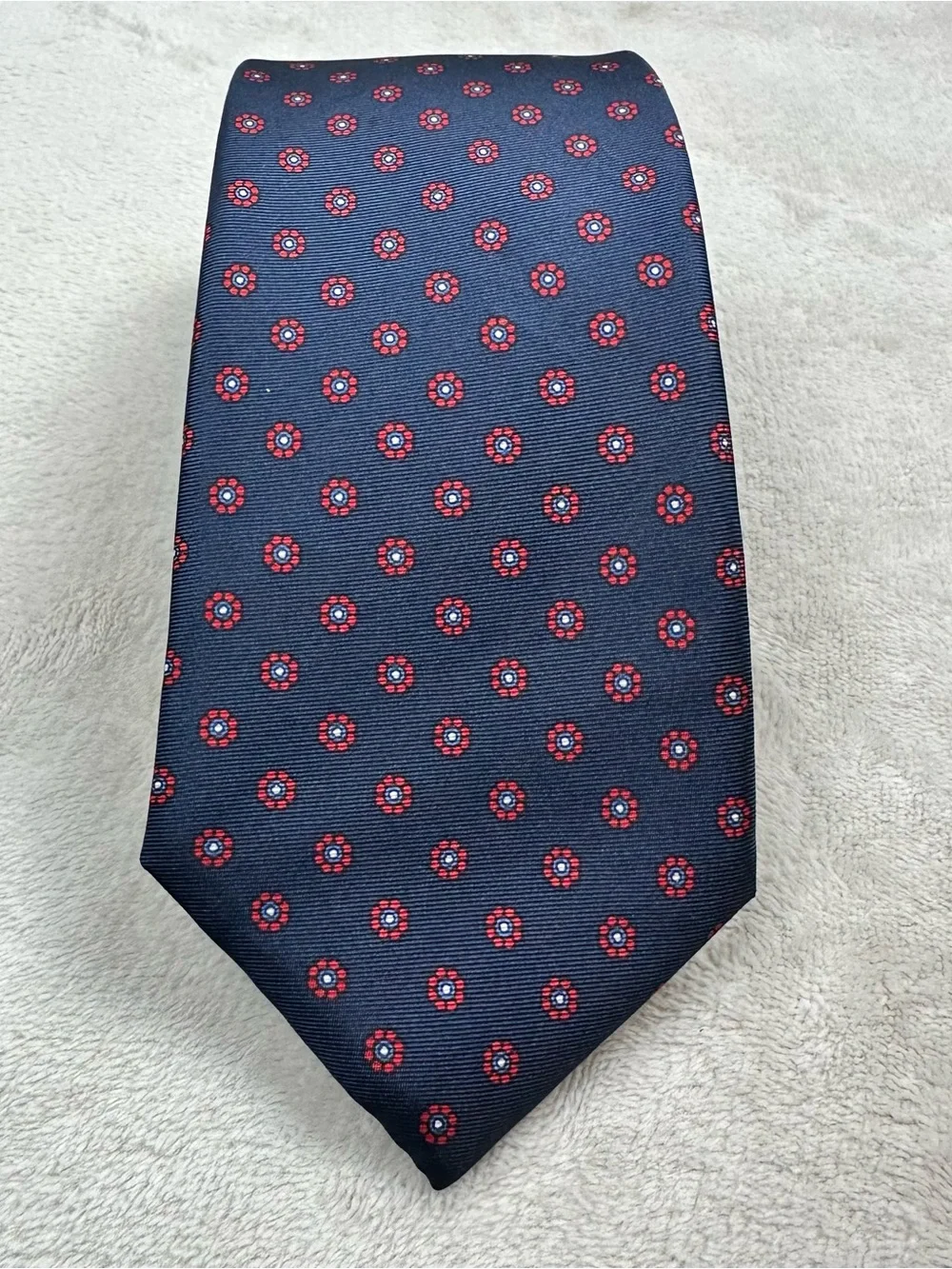 Lands End 100% Silk Tie Navy Red Floral Medallion Preppy Made USA